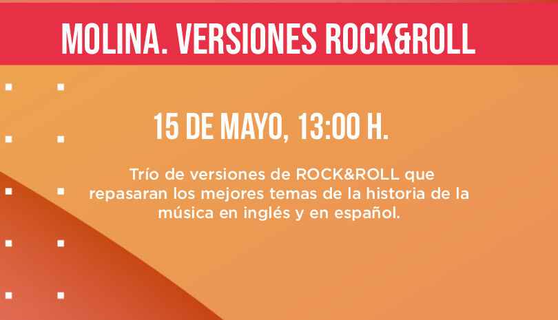 15 de mayo, 13:00 h. Trío de versiones de ROCK&ROLL que repasaran los mejores temas de la historia de la música en inglés y en español.