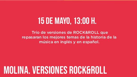 15 de mayo, 13:00 h. Trío de versiones de ROCK&ROLL que repasaran los mejores temas de la historia de la música en inglés y en español.